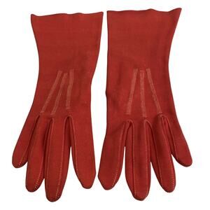 Vintage Elvette USA red fabric gloves w/ tan top stitched details dressy size 8